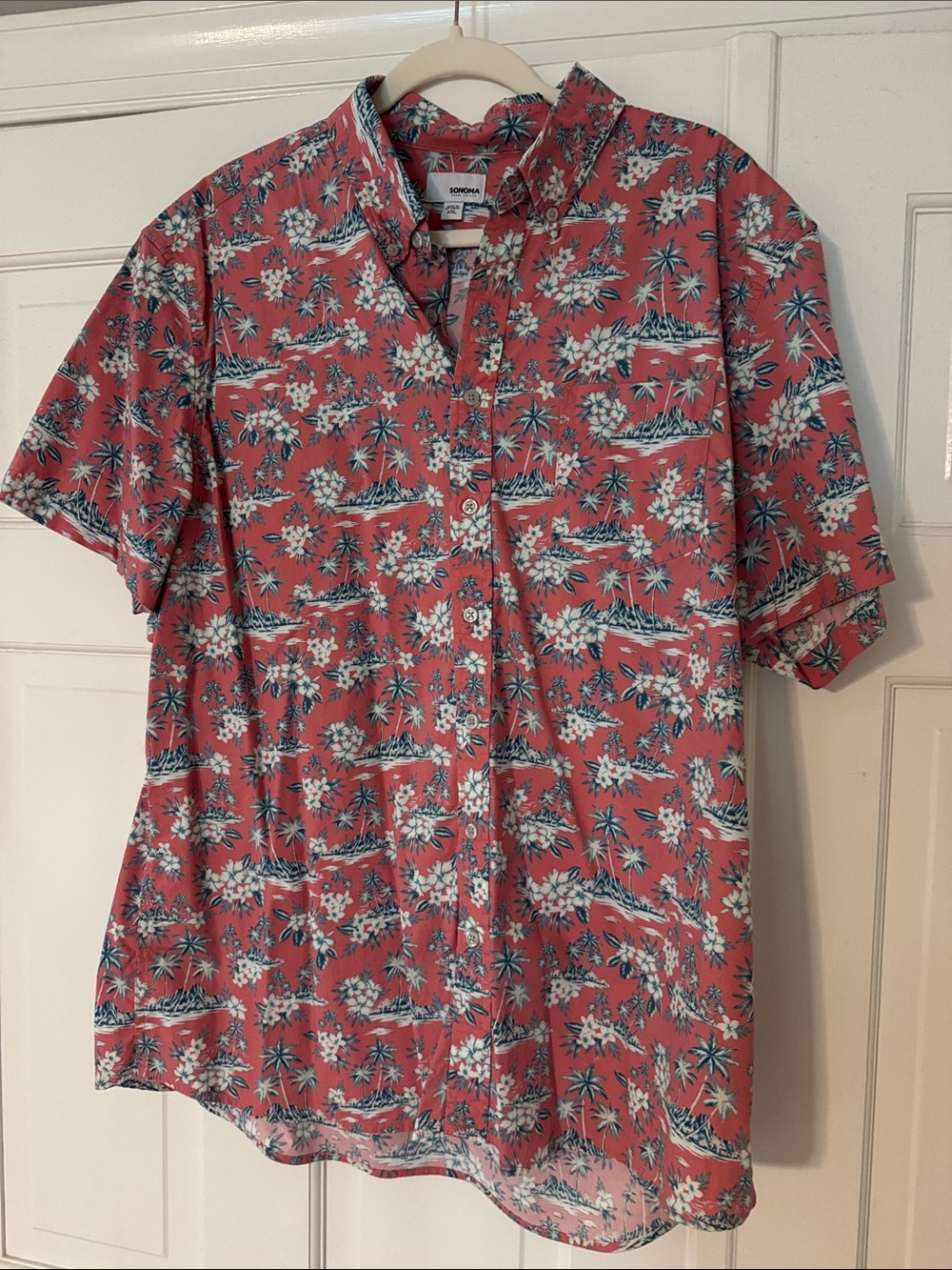 Sonoma Coral Tropical Floral Short-Sleeve Button-Down Shirt